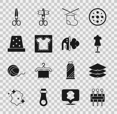 Dikiş iğnesi, katmanlar, tekstil, manken, örgü iğneleri, dikiş deseni, yüksük, makas ve elektrikli demir ikonu. Vektör