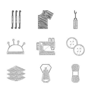 Dikiş makinesi, Zipper, İplik, düğme, katman giyim tekstili, iğne ve iğne, Awl aracı ve tığ işi kanca ikonu. Vektör