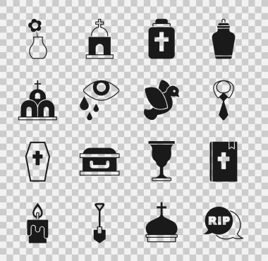 Konuşma baloncuğunun ölümü, kutsal İncil kitabı, kravat, cenaze vazosu, gözyaşı göz yaşı, kilise binası, çiçek vazosu ve güvercin ikonu. Vektör