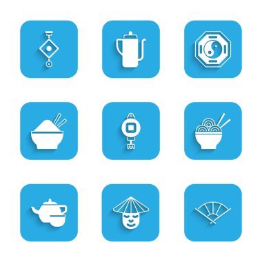 Çin kağıt feneri ya da Japon fanı, Asya erişte kasesi, çay töreni çubuklu pilav, Yin Yang ve ikon. Vektör