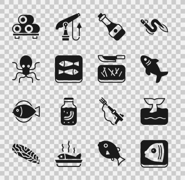 Balık kafası, okyanus dalgasında balina kuyruğu, köpekbalığı, soya sosu şişesi, konserve balık, ahtapot, kesme tahtasında suşi ve bıçak ikonu. Vektör