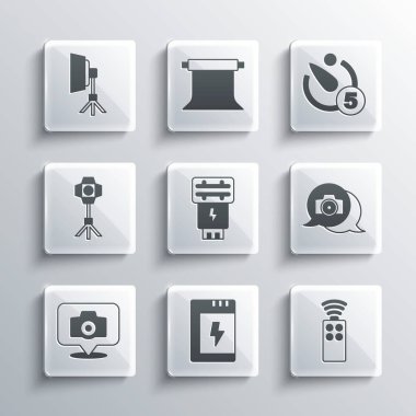 Kamera, uzaktan kumanda, fotoğraf, flaş, Softbox ışığı ve kamera zamanlayıcı simgesi için batarya ayarlayın. Vektör