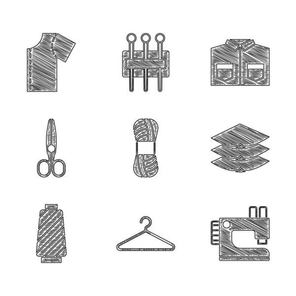 Set garen, hanggarderobe, naaimachine, Lagen kleding textiel, draad op de spoel, schaar, Shirt en patroon pictogram. Vector — Stockvector