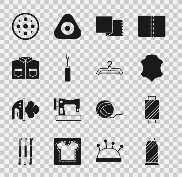 Set Sewing thread on spool, Leather, Textile fabric roll, Awl tool, Shirt, button and Hanger wardrobe icon. Vector — Stock Vector