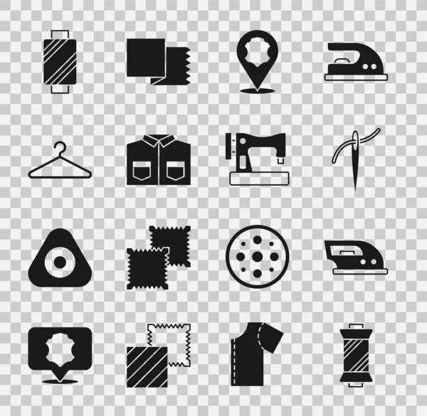 Set Sewing thread on spool, Electric iron, Needle with, Leather, Shirt, Hanger wardrobe, and machine icon. Vector — Stock Vector