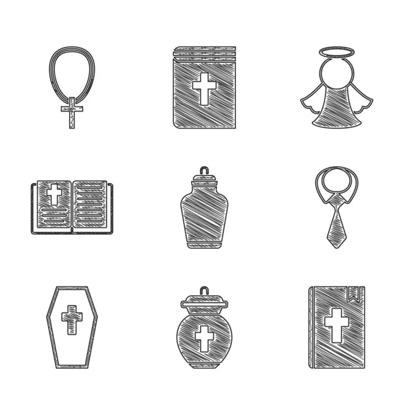 Bestattungsurne, Bibelbuch, Krawatte, Sarg mit Kreuz, Engel und Christ auf Kettensymbol. Vektor — Stockvektor