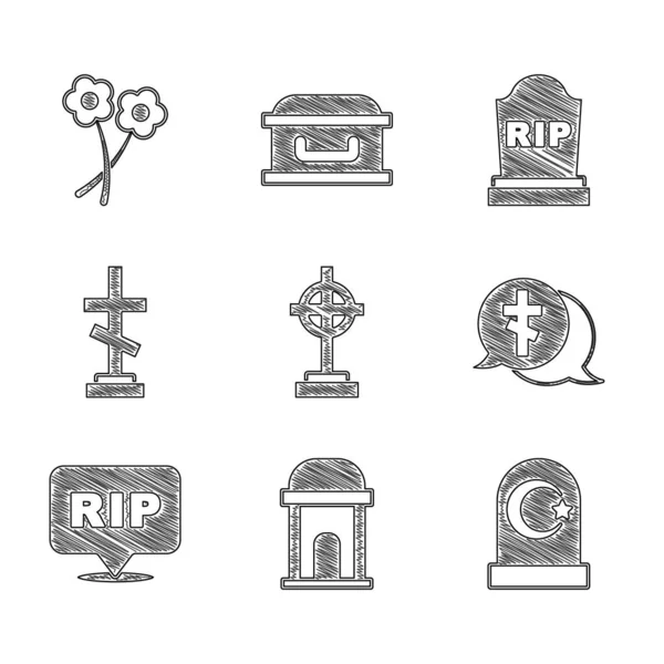 Set Tumba con cruz, cripta antigua, cementerio musulmán, voz burbuja rasgar la muerte, lápida RIP escrito e icono de la flor. Vector — Vector de stock
