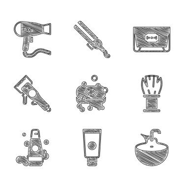 Köpüklü sabun, krem kozmetik tüpü, lavabo, tıraş fırçası, şişe şampuanı, elektrikli saç makası, jilet ve saç kurutma ikonu. Vektör