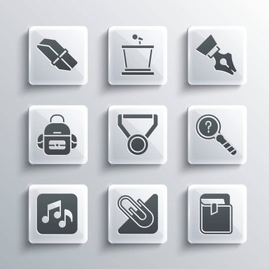 Ataç, Kitap, Bilinmeyen Arama, Madalya, Müzik Notası, Ton, Okul Sırt Çantası, Silgi veya Lastik ve Dolmakalem ucu simgesi. Vektör