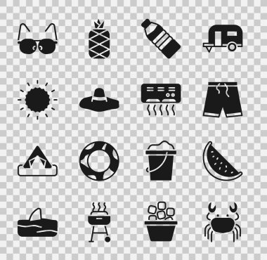 Yengeç, karpuz, yüzme şortu, bir şişe su, zarif kadın şapkası, güneş, gözlük ve klima ikonu. Vektör