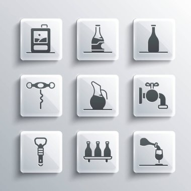 Şarap seti, şarap tatma, fıçı için musluk açma, tirbuşon, karton kutu ve ikon. Vektör