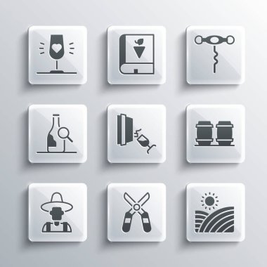 Bahçe makası, üzüm bağları, tahta fıçı şarap tatma, degukasyon, çiftçi şapkası, şişe şişe cam ve tirbuşon. Vektör