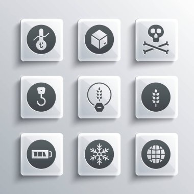 Kar Tanesi, Sosyal Ağ, Buğday, Glüten serbest tahıl, Batarya, Endüstriyel Kanca, Meteoroloji Termometresi, Kemikler ve Kafatası Uyarı Simgesi. Vektör