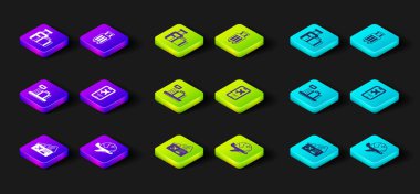 Uçak biletini ayarla, uçan uçakla Globe, bavul, mobil, bavul ve simge ayarla. Vektör