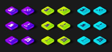 Elektrik süpürgesini, ıslak zemini, temizlik malzemesi şişesini, plastik pompayı, pencereleri ve bulaşık deterjanı ikonunu hazırla. Vektör