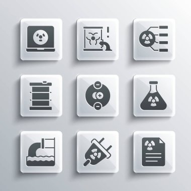 Radyasyon elektrik prizi, uyarı belgesi, test tüpü radyasyonu, atom, atık su, radyoaktif atık varili, nükleer dizüstü bilgisayar ve simge ayarla. Vektör