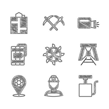 Kova tekerlek kazıcısını, kasklı madenciyi, patlayıcıyı, girişi, mücevher taşını, dinamiti, feneri ve simgeyi ayarlayın. Vektör