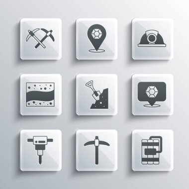 Kazma, Dinamit, Mücevher Taşı, Kürek ve İnşaat matkabı, Altın Madeni ve Madenci miğferi ikonu. Vektör