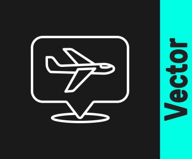 Beyaz çizgi düzlem simgesi siyah arkaplanda izole edildi. Uçan uçak ikonu. Uçak tabelası. Vektör