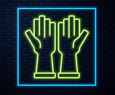 Parlayan neon çizgisi lastik eldiven ikonu tuğla duvar arka planında izole edilmiş. Lateks el koruması işareti. Ev işi temizlik ekipmanları sembolü. Vektör