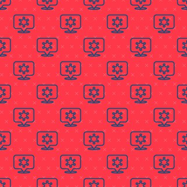 Mavi çizgi Hexagram şerifi ikonu kırmızı arka planda kusursuz desen izole etti. Polis rozeti ikonu. Vektör