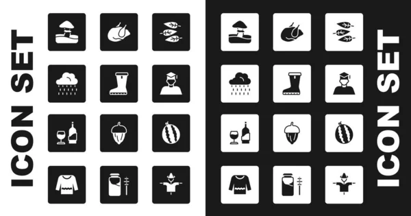 Set Hoja u hojas, Bota de goma impermeable, Nube con lluvia, Champiñones, Tapa de graduado y graduación, Pollo asado de pavo, Sandía y Vino icono de vidrio botella. Vector — Archivo Imágenes Vectoriales