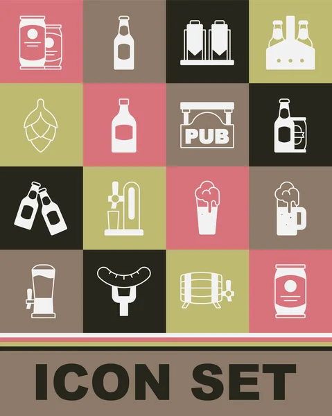 Set bière peut, tasse de bière en bois, bouteille et, processus de brassage, Hop, et la rue enseigne avec icône Pub. Vecteur — Image vectorielle