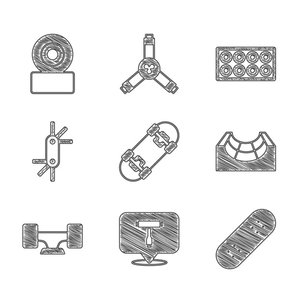 Zestaw deskorolka, narzędzie T, park, koło, Tool Allen klucze i ikona. Wektor — Wektor stockowy