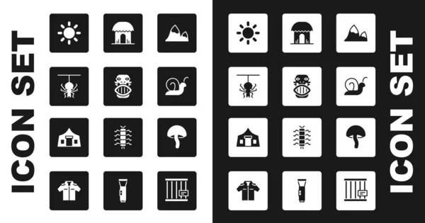 Set Mountains, Mexican mayan or aztec mask, Spider, Sun, Snail, African hut, Mushroom and Tourist tent icon. Vector — Stock Vector