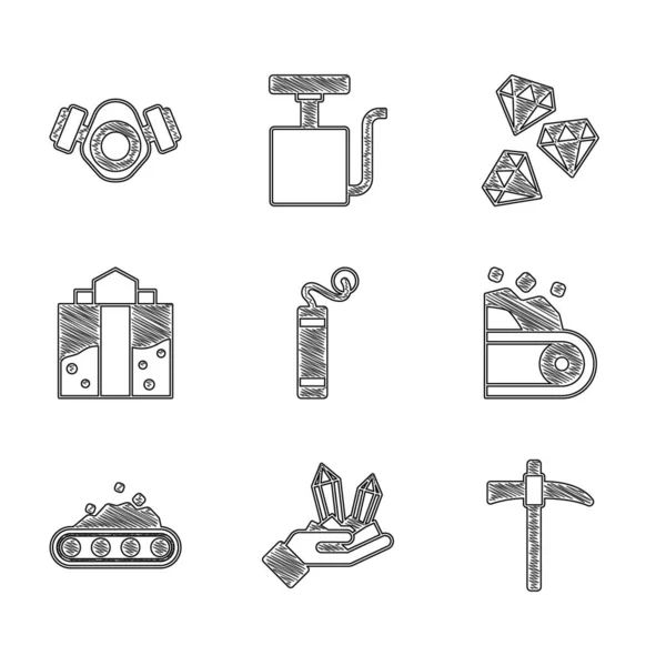Dinamit, mücevher taşı, kazma, kömür taşıyan taşıyıcı bant, maden girişi ve gaz maskesi ikonu. Vektör — Stok Vektör