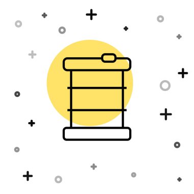 Varil simgesindeki siyah çizgi radyoaktif atık beyaz arka planda izole edildi. Zehirli atık fıçısı. Radyoaktif atık emisyonları, çevre kirliliği. Rastgele dinamik şekiller. Vektör