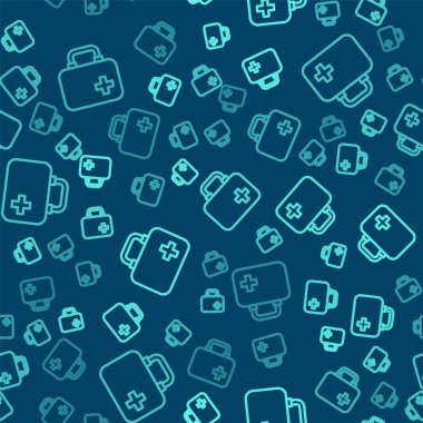 Yeşil çizgi ilk yardım seti simgesi mavi arkaplandaki kusursuz deseni izole etti. Haçlı sağlık kutusu. Acil durumlar için tıbbi ekipman. Sağlık sigortası konsepti. Vektör