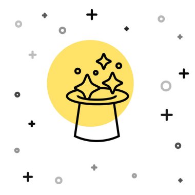 Siyah çizgi sihirli şapka simgesi beyaz arkaplanda izole edildi. Sihir numarası. Gizemli eğlence konsepti. Rastgele dinamik şekiller. Vektör