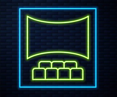 Duvarda izole edilmiş ekran simgesi olan parlak neon hattı sinema salonu. Vektör