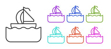 Siyah çizgili yat ya da yelkenli gemi ikonu beyaz arka planda izole edilmiş. Yelkenli deniz seyahati. Simgeleri renklendirin. Vektör