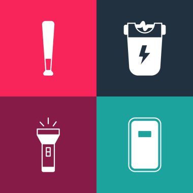 Pop Art Polis saldırı kalkanı, el feneri, elektrik şoku ve beysbol sopası ikonu hazırla. Vektör