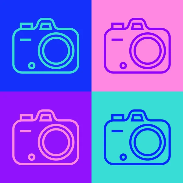 Pop art line Ikona fotoaparátu izolované na barevném pozadí. Fotoaparát. Digitální fotografie. Vektor — Stockový vektor
