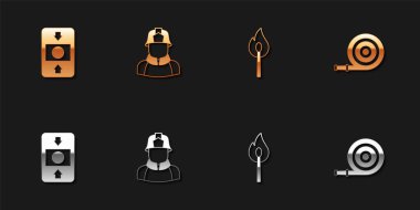 Yangın alarmı, itfaiyeci, yangın söndürme kibriti ve hortum makarası ikonu. Vektör