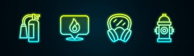 Yangın söndürücü, yangın alevi, gaz maskesi ve yangın musluğu olan bir yer ayarla. Parlayan neon ikonu. Vektör