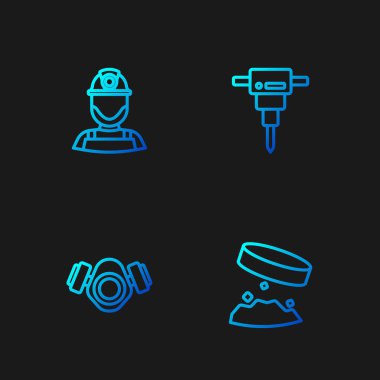 Demir tozu tutan dev mıknatıs, gaz maskesi, madenci miğferi ve inşaat matkabı. Renk simgeleri. Vektör