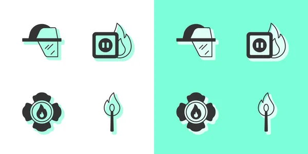 Set Burning match con fuego, casco de bombero y cableado eléctrico del icono del zócalo. Vector — Archivo Imágenes Vectoriales