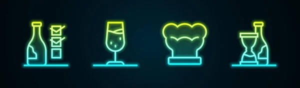 Definir linha Garrafa de vinho, Copo de vinho, chapéu de chef e. Ícone de néon brilhante. Vetor — Vetor de Stock