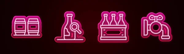 Şarap için ahşap fıçı, şişe kutusu ve musluk suyu hazırlayın. Parlayan neon ikonu. Vektör — Stok Vektör