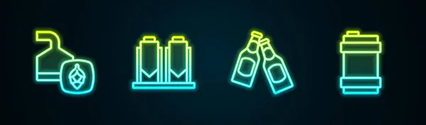 Bira demleme işlemi, şişe ve metal bira fıçısını ayarla. Parlayan neon ikonu. Vektör — Stok Vektör