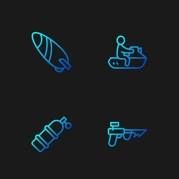 Set line Arpón de pesca, Aqualung, Surfboard y Jet ski. Iconos de color degradado. Vector — Vector de stock