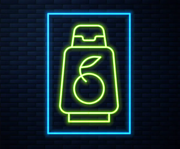 Leuchtende Neon-Linie Flasche Shampoo-Symbol isoliert auf Backsteinwand Hintergrund. Vektor — Stockfoto