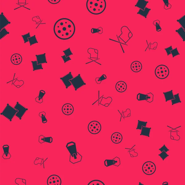 Fermuarı, dikiş düğmesini, kumaş rulosunu ve dikiş iğnelerini kusursuz desene ayarla. Vektör