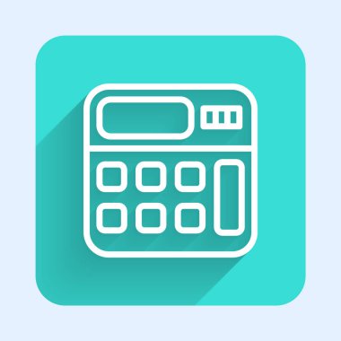 Beyaz çizgi hesap makinesi simgesi uzun gölgeli izole edildi. Muhasebe sembolü. İş hesaplamaları matematik eğitimi ve finans. Yeşil kare düğmesi. Vektör