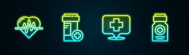 Kalp atış hızı, ilaç şişesi, çapraz hastaneli harita işaretleyici ve... Parlayan neon ikonu. Vektör