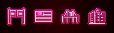 Sınır kapısı, Amerikan bayrağı, Golden Gate köprüsü ve şehir manzarası. Parlayan neon ikonu. Vektör